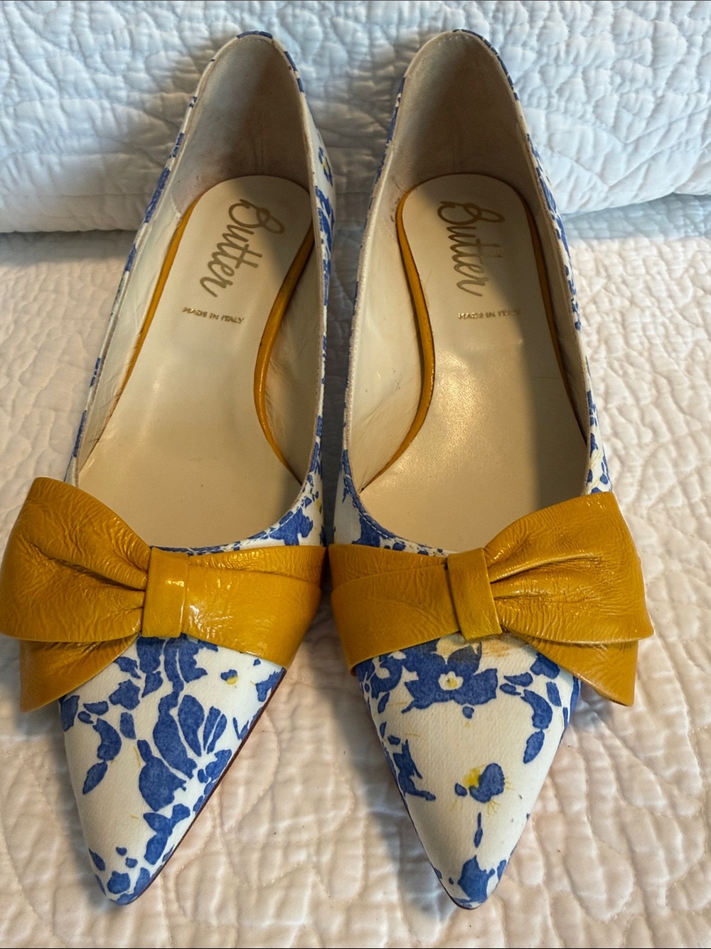 Butter Blue Floral Pointed-Toe Flats with Mustard Bow